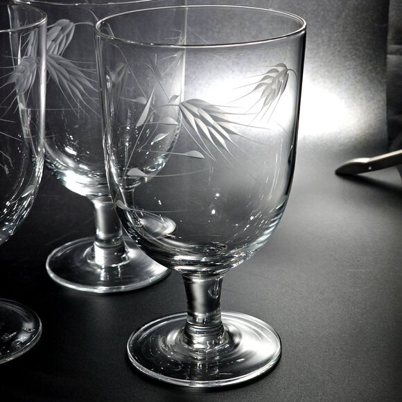 4 Sasaki Wheat Water Ice Tea Glasses etched crystal 5.25" smooth stem 1950s vtg - Picture 3 of 6